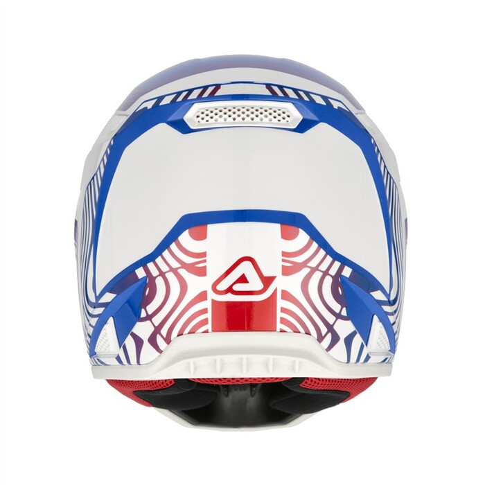 Capacete Acerbis Whoops Graphic Azul Branco Capacete branco com detalhes em azul e vermelho visto de trás