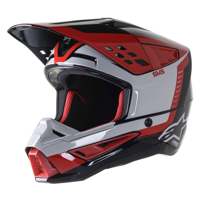 Capacete Alpinestars S-M5 Beam Preto/Cinza Capacete de mota integral vermelho, branco e preto com viseira destacada