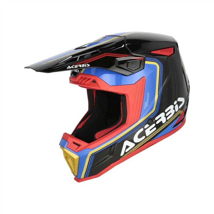 Capacete Acerbis Whoops Graphic Preto Azul Capacete para motocross com cores vibrantes e o texto ACERBIS