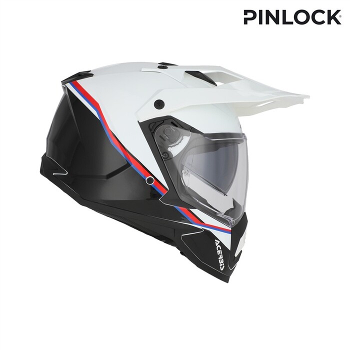 Capacete Acerbis Assault Graphic Preto Branco Capacete de motocicleta preto, branco, vermelho e azul com viseira transparente