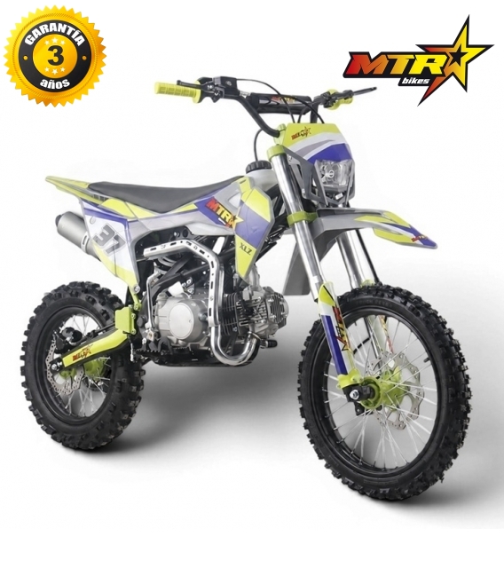 Pit Bike MTR XLZ 125cc Motocicleta de motocross preta com detalhes amarelos e azuis, pneus todo-o-terreno e texto de garantia.