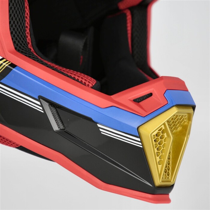 Capacete Acerbis Whoops Graphic Preto Azul Parte de um capacete colorido com vermelho, preto, azul e amarelo