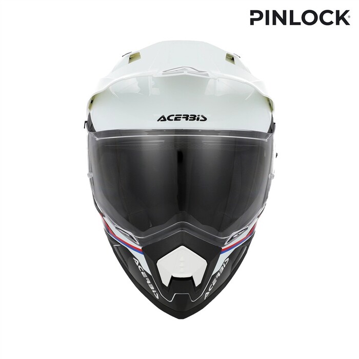 Capacete Acerbis Assault Graphic Preto Branco Capacete integral para motociclismo com viseira fumada e detalhes em preto, branco, vermelho e azul.