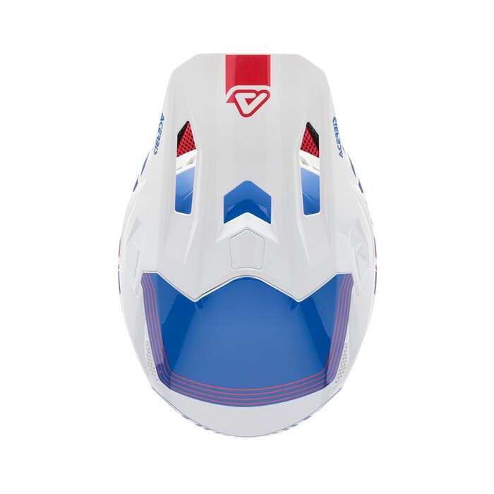 Capacete Acerbis Whoops Graphic Azul Branco Capacete de motocross branco, azul e vermelho com ventilações e texto ACERBIS nas laterais