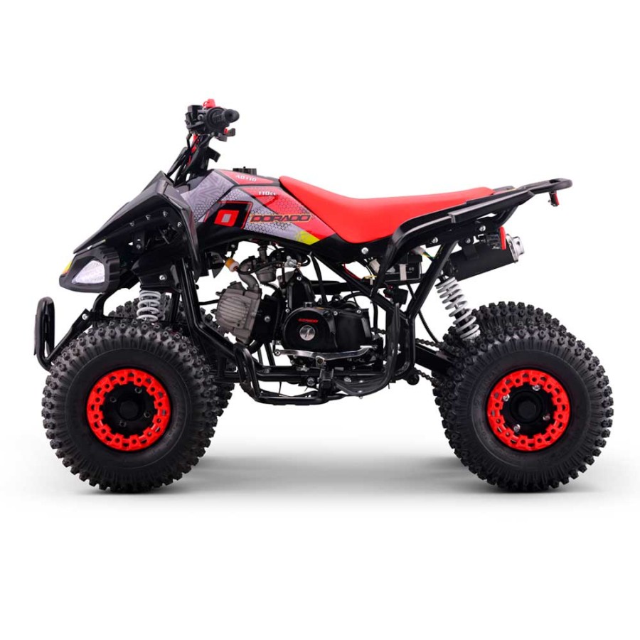 Quad 110cc Dorado A110 R7 automático 4T con marcha atrás Vermelho Quad preto com banco vermelho e pneus grossos em fundo branco