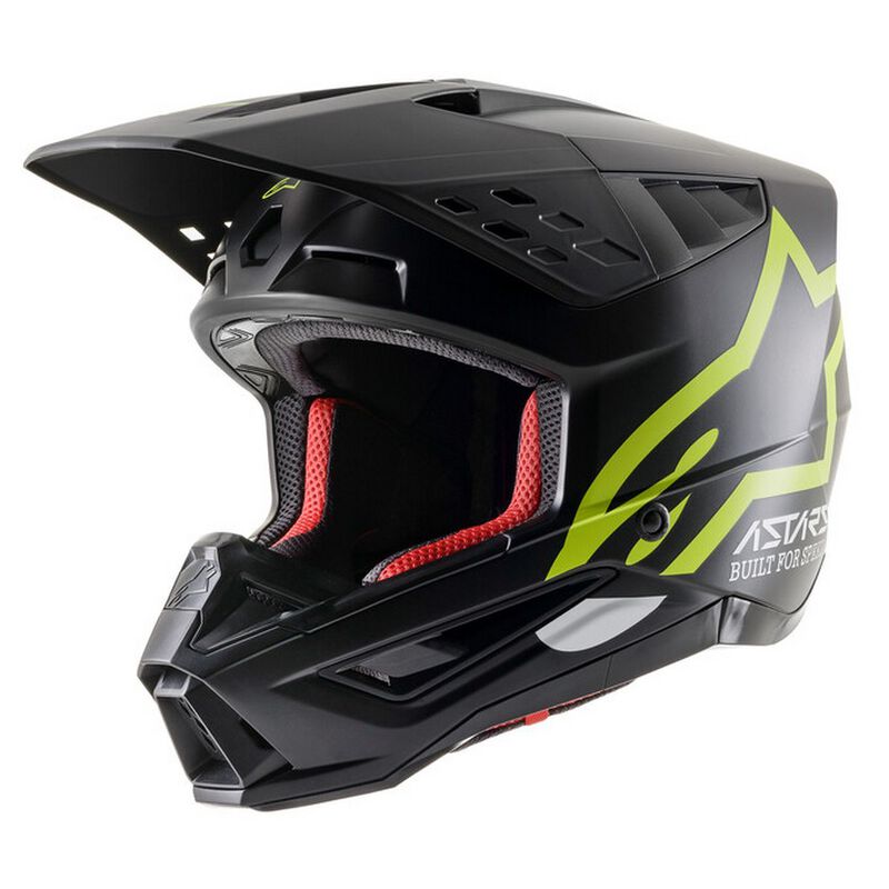 Capacete Alpinestars S-M5 Compass Preto/Amarelo Capacete integral motocross preto com detalhes verdes e interior vermelho