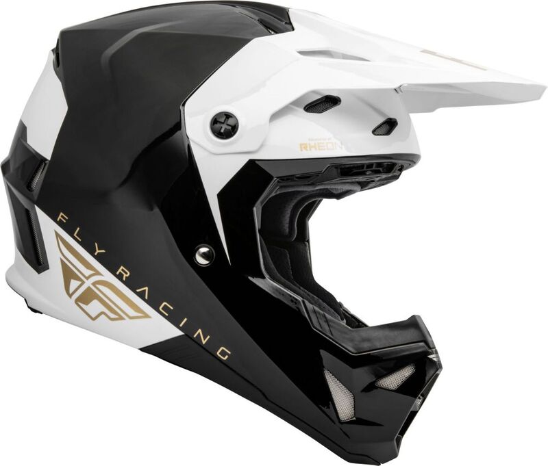 Capacete FLY RACING Formula CP Slant Branco Preto Capacete integral preto e branco com texto Fly Racing em dourado