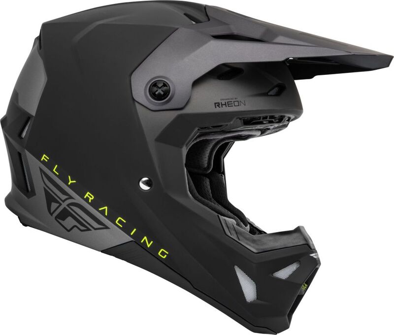 Capacete FLY RACING Formula CP Slant Cinza Preto capacete integral preto com texto amarelo e visor ajustável