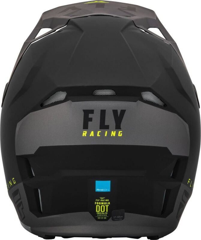 Capacete FLY RACING Formula CP Slant Cinza Preto Capacete integral FLY Racing preto e cinza fosco com texto amarelo e preto