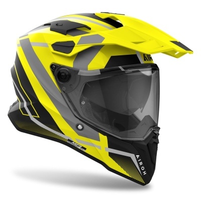 Capacete de motociclista integral amarelo com detalhes cinza e preto