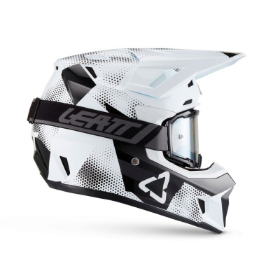 Capacete integral branco e preto com padrão de pontos e alça preta