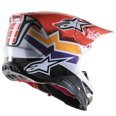 Capacete motocross colorido vermelho branco preto amarelo roxo com texto SM10