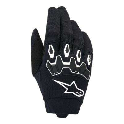 Luvas pretas com detalhes brancos e proteção nas costas das mãos