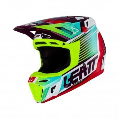 Capacete integral colorido para motocross com o texto LEATT