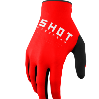 Luva de ciclismo vermelha e preta com texto 'SHOT RACE GEAR'