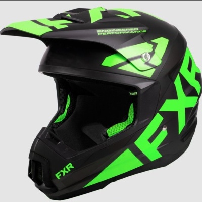 Capacete de motocross preto e verde com o logotipo FXR.
