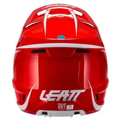 Capacete motocross vermelho e branco com texto LEATT e etiqueta DOT M