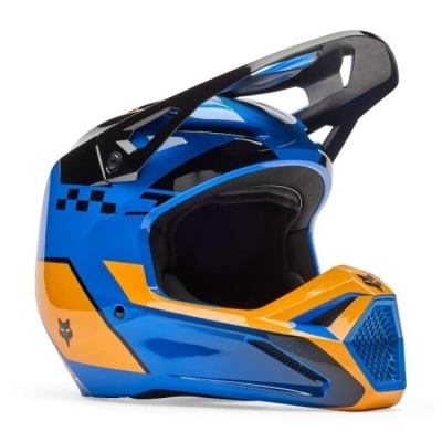 Capacete integral motocross azul e laranja com viseira preta ajustável.