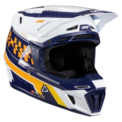Capacete integral branco, azul e amarelo com padrão quadriculado e texto LEATT