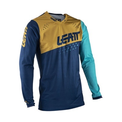 Camisola desportiva azul, amarelo e azul claro com texto LEATT