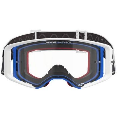 Óculos desportivos pretos, brancos, azuis e vermelhos com texto 'ONE GOAL. ONE VISION'