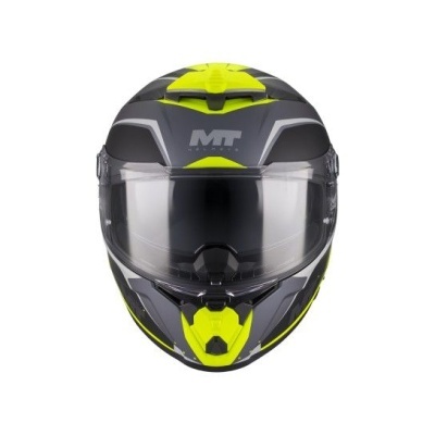 Capacete integral preto, cinza e amarelo com viseira transparente e logotipo MT