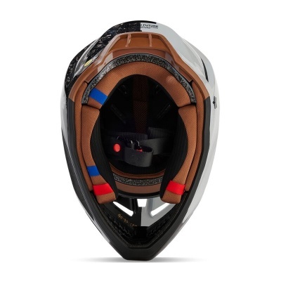 Capacete de motocross branco e preto com interior castanho almofadado e detalhes coloridos