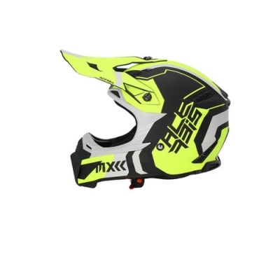 capacete de motocross amarelo fluorescente, preto e branco com texto Five Season