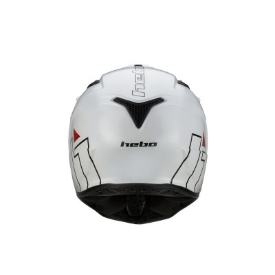 Capacete de motociclista branco com detalhes pretos e vermelhos com a marca 'hebo'