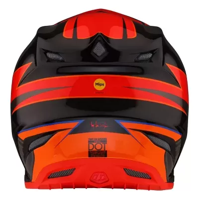 Capacete de motociclista preto e vermelho visto de trás