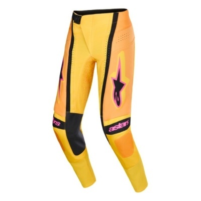 Calças de motociclismo amarelas com detalhes em preto e laranja e logótipo astars