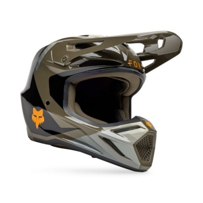 Capacete integral de motocross preto, cinzento e verde com logótipos laranja da FOX
