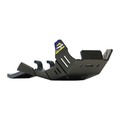 Proteção metálica negra para mecânica com etiqueta azul e amarelo AXP Racing.