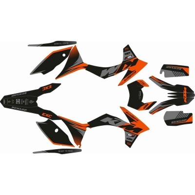 Autocolantes para mota em laranja, preto e cinzento com textos DUNLOP, KTM, EXC