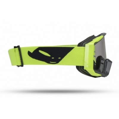 Óculos de proteção amarelos com lente cinza e cinta elástica preta e amarela