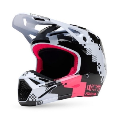 capacete integral motocross branco preto rosa com design pixelado e texto MT FONT 2.0