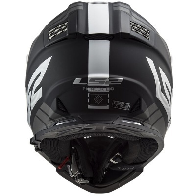 Capacete LS2 preto fosco com faixas cinza e texto PIONEER EVO