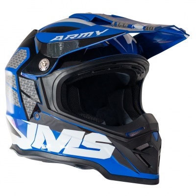 capacete motocross azul preto com texto ARMY e UMS