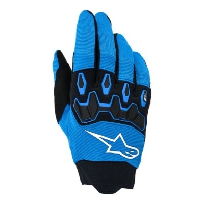 Luva de proteção azul e preta com detalhes rígidos nas articulações e símbolo branco