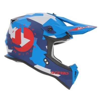 Capacete de motocross azul com padrões geométricos e texto Acerbis