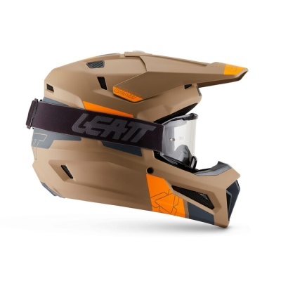 Capacete integral para motocross castanho com detalhes laranja e viseira transparente