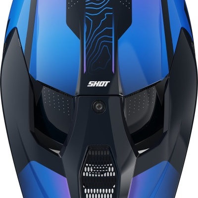 Capacete azul e preto com padrão geométrico e inscrições