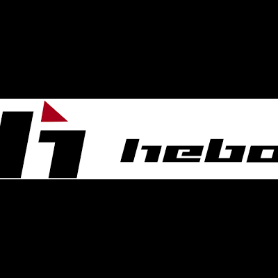 Logotipo da marca Hebo com símbolo geométrico preto e vermelho