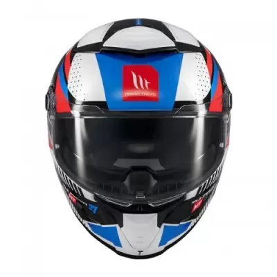 Capacete integral motociclismo preto, branco, azul e vermelho com viseira escura