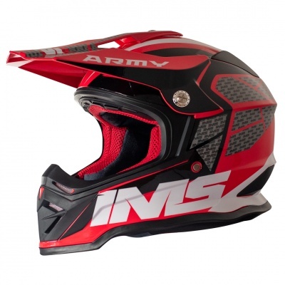 Capacete de motocross preto e vermelho com interior acolchoado e texto IMS e ARMY