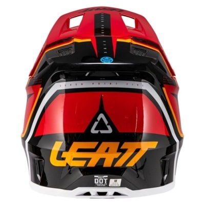 Capacete de motociclismo vermelho, preto, amarelo e branco com texto LEATT e certificação DOT