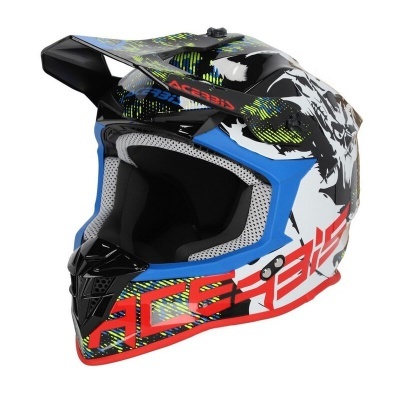 Capacete de motocross preto, azul, vermelho, verde e branco com texto 'ACERBIS' e caveira
