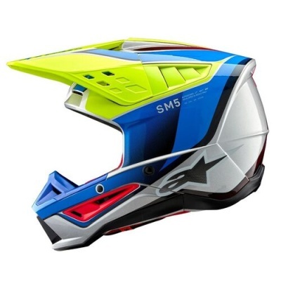 Capacete de motocross azul com detalhes verdes e branco, com texto SM5