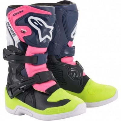 Botas de motocross multicoloridas com detalhes em amarelo neón e rosa