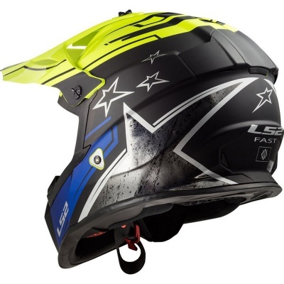 Capacete de motociclismo preto, azul, amarelo fluorescente e branco com estrelas e texto LS2 FAST